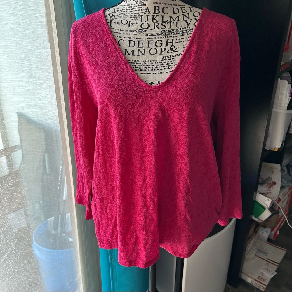 Lucky Brand Magenta Lace V Neck Blouse Preppy Barbie Casual 3/4 Sleeve Cotton XL